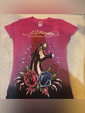 Ed Hardy Ombre Pink to Black Short Sleeve Graphic Tee
